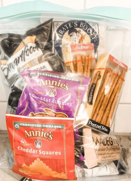 Traveling with kids big bag of snacks.